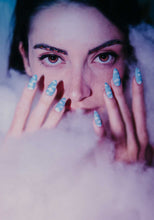 Load image into Gallery viewer, girl wearing light blue press on nails with butterfly glitter makeup