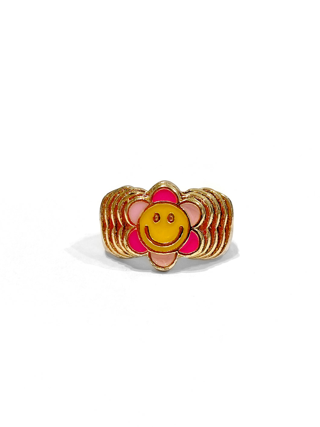 pink and yellow gold flower ring with a smiley face in the middle