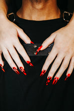 Load image into Gallery viewer, girls hands on guys chest wearing shiny and metallic red and black press on nails