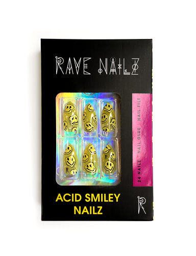 Box of trippy smiley press on nails for raves festivals parties or every day wear