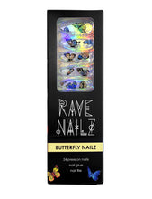 Load image into Gallery viewer, Box of long clear press on nails with rainbow butterflies on them