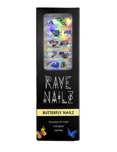 Box of long clear press on nails with rainbow butterflies on them