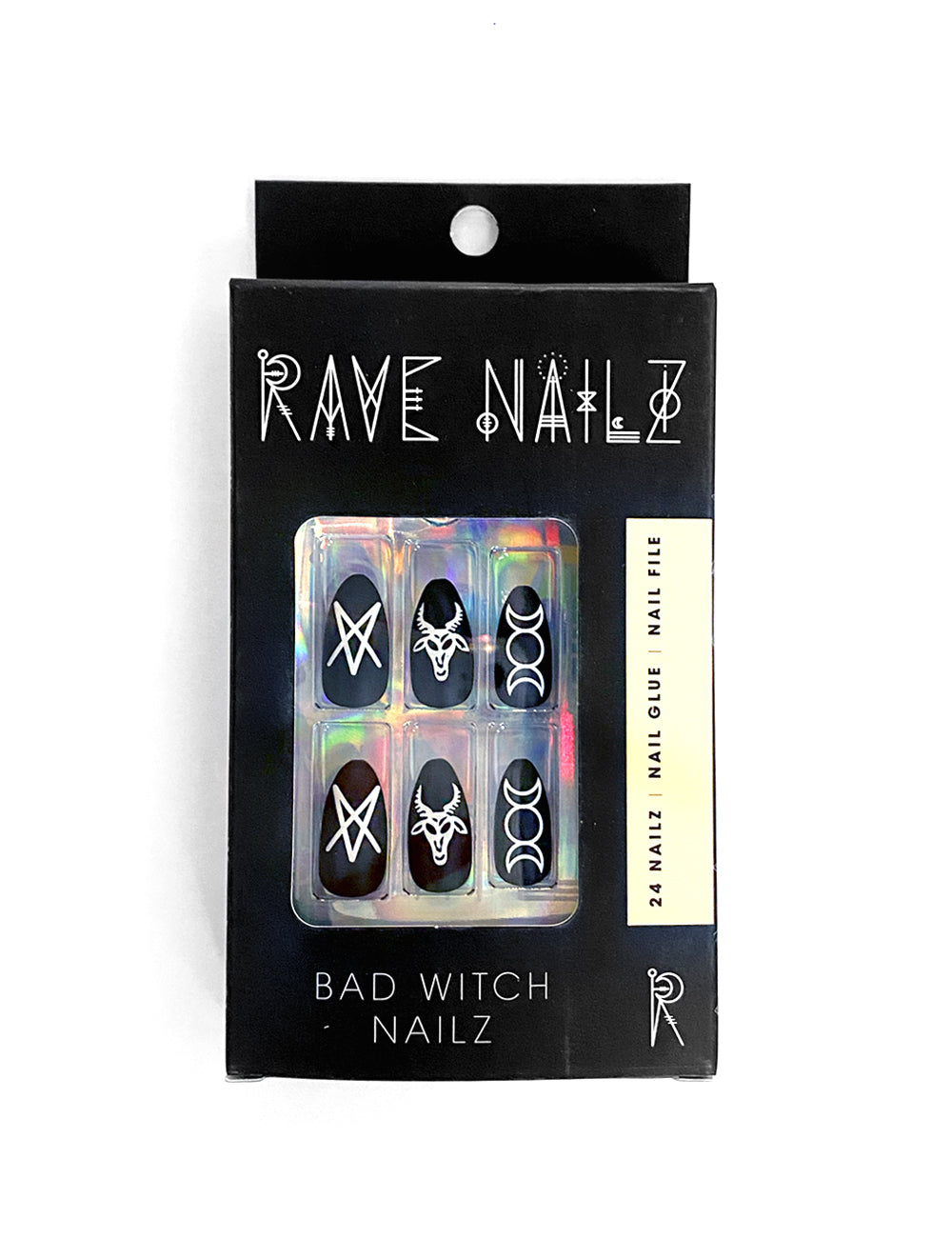 witchy press on nails that are matte black and have goat heads and runes